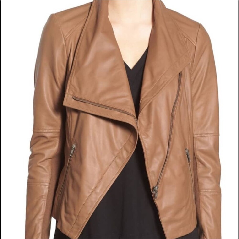 NWT Trouve Drape Front Leather Moto Jacket Saddle Brown Cotton Lined Neutral S